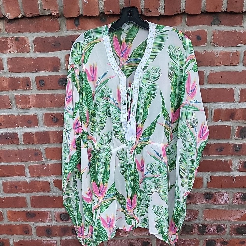 TiniBikini Tropical Leaf & Pink Floral Sheer Swim Coverup